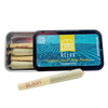 Pure Shenandoah Relax Pre-Rolls tin, blue and yellow packaging labeled "Virginia’s Finest Hemp Prerolls," open tin with 0.5 g hemp pre-rolls and one displayed in front.