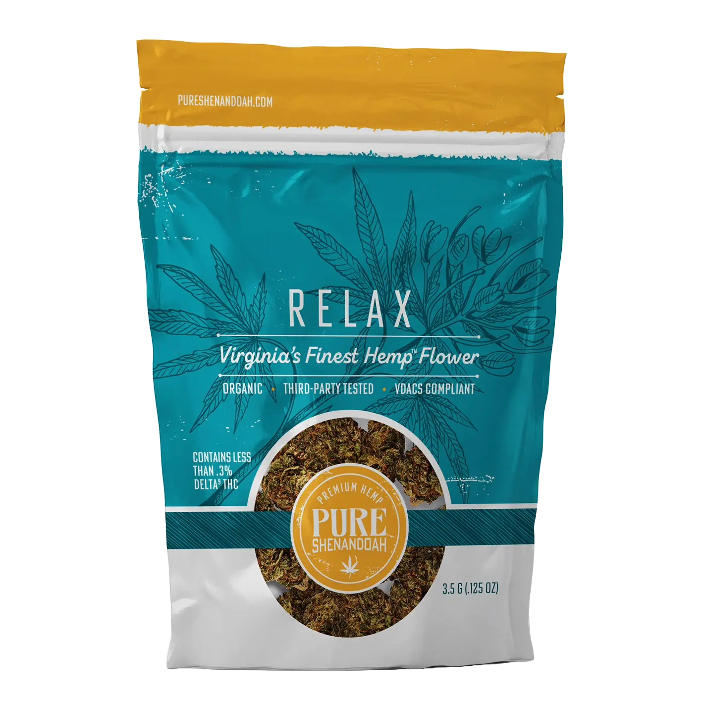 Pure Shenandoah Relax Hemp Flower 3.5g bag, blue and white packaging with hemp leaf design and clear window showing flower inside.