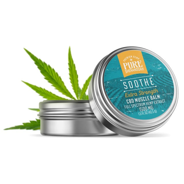 Pure Shenandoah Soothe CBD Muscle Balm, extra strength 1500 mg container shown open with lid angled, featuring hemp leaf in background.