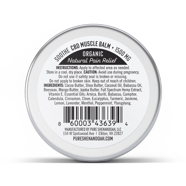 Pure Shenandoah Soothe CBD Muscle Balm back label, extra strength 1500 mg container showing ingredients, instructions, and barcode.