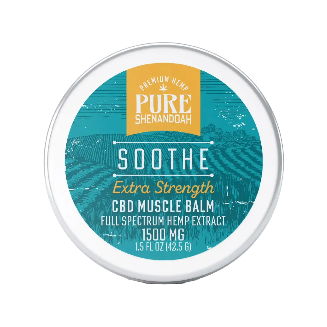 Pure Shenandoah Soothe CBD Muscle Balm front label, extra strength 1500 mg full spectrum hemp extract in a 1.5 oz round container.
