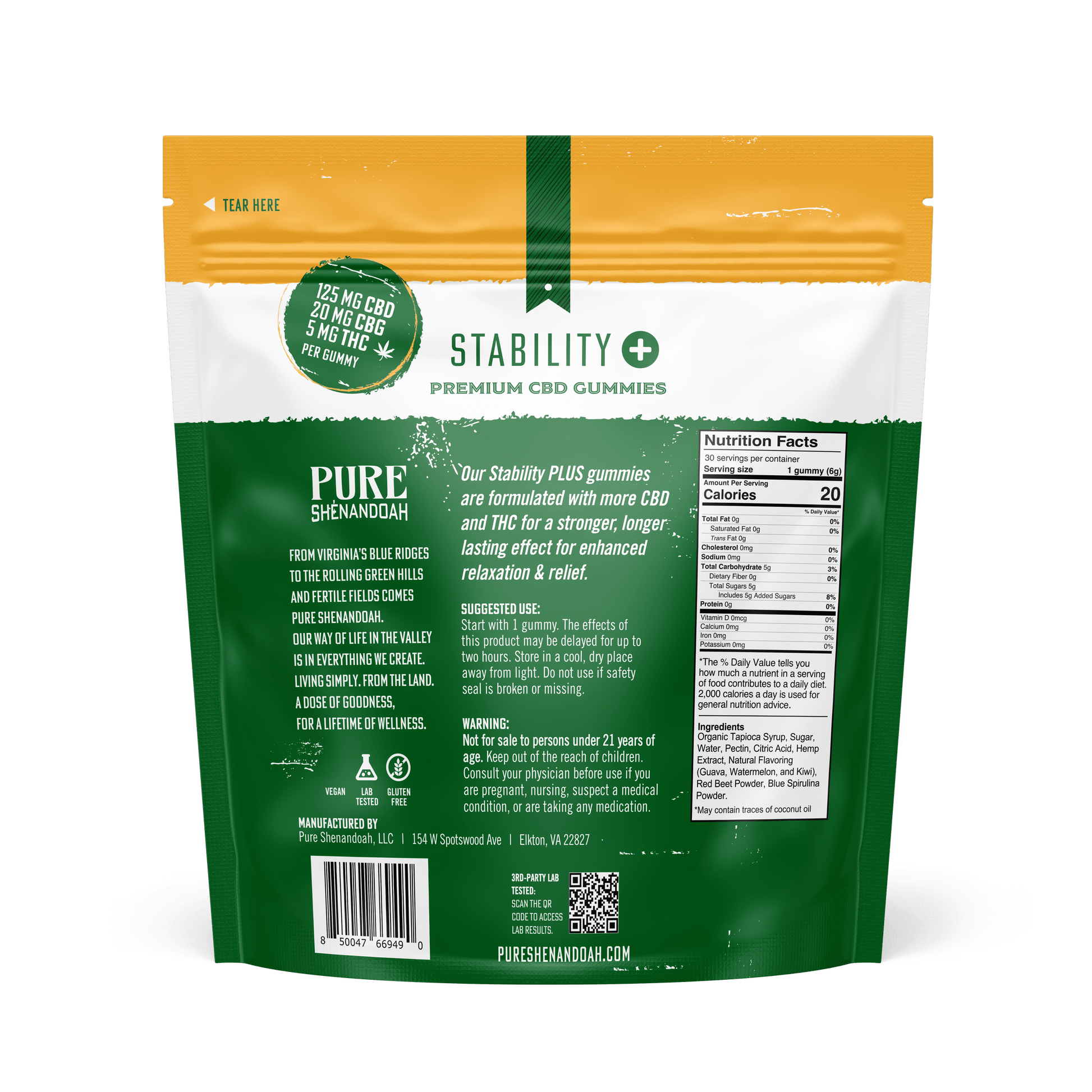 Back of Pure Shenandoah Stability Plus CBD Gummies bag showing nutrition facts, dosage instructions, and product details.