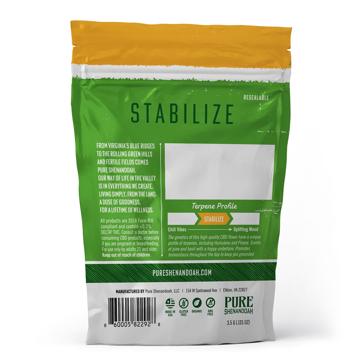 Pure Shenandoah Stabilize Hemp Flower 3.5 g front packaging, green and white resealable bag with hemp leaf design, window showing flower, labeled "Virginia’s Finest Hemp Flower."