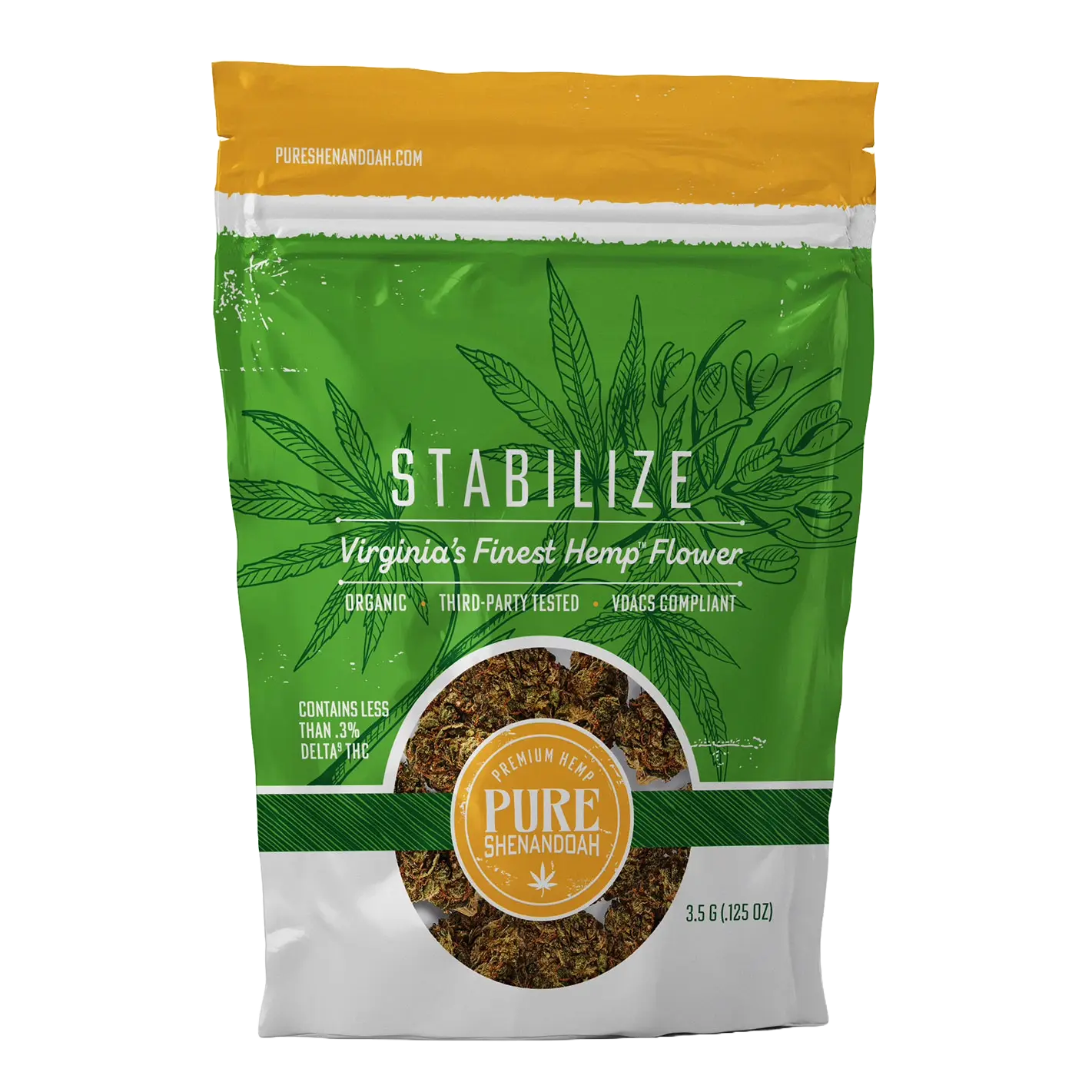 Pure Shenandoah Stabilize Hemp Flower 3.5 g front packaging, green and white resealable bag with hemp leaf design, window showing flower, labeled "Virginia’s Finest Hemp Flower."