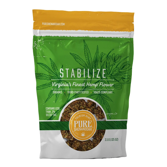 Pure Shenandoah Stabilize Hemp Flower 3.5 g front packaging, green and white resealable bag with hemp leaf design, window showing flower, labeled "Virginia’s Finest Hemp Flower."