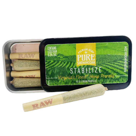 Pure Shenandoah Stabilize Pre-Rolls, 10-pack of 0.5 g hemp pre-rolls in a green tin, with one RAW pre-roll shown outside the container.