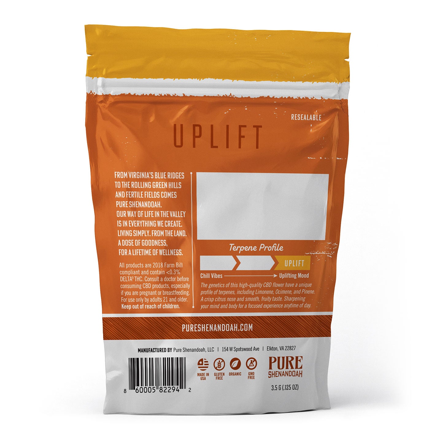 Pure Shenandoah Uplift Hemp Flower 3.5 g back packaging, orange and white resealable bag showing terpene profile, product details, barcode, and resealable label.