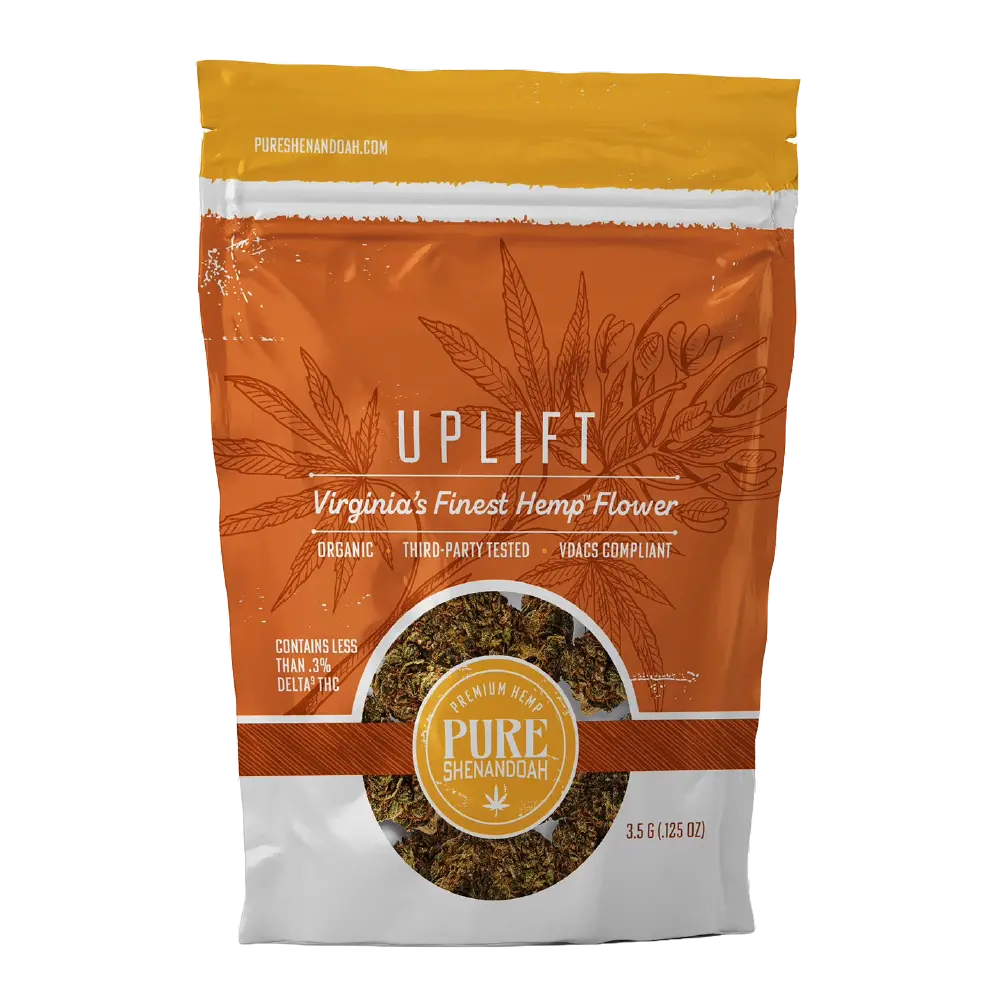 Pure Shenandoah Uplift Hemp Flower 3.5 g front packaging, orange and white resealable bag with hemp leaf design and clear window showing hemp flower.