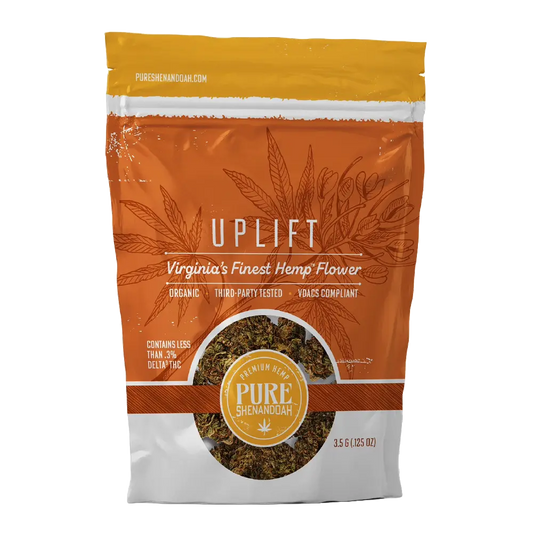 Pure Shenandoah Uplift Hemp Flower 3.5 g front packaging, orange and white resealable bag with hemp leaf design and clear window showing hemp flower.
