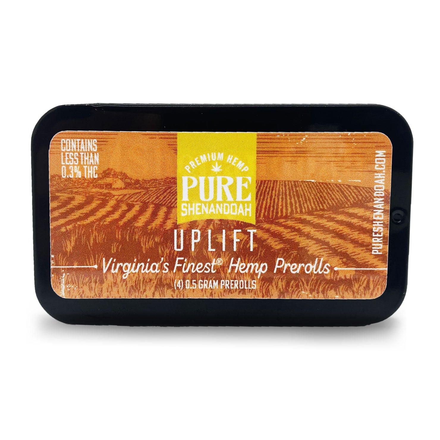 Pure Shenandoah Uplift Pre-Rolls tin, closed with orange and yellow label reading "Virginia’s Finest Hemp Prerolls," four 0.5 g pre-rolls, rectangular black container.
