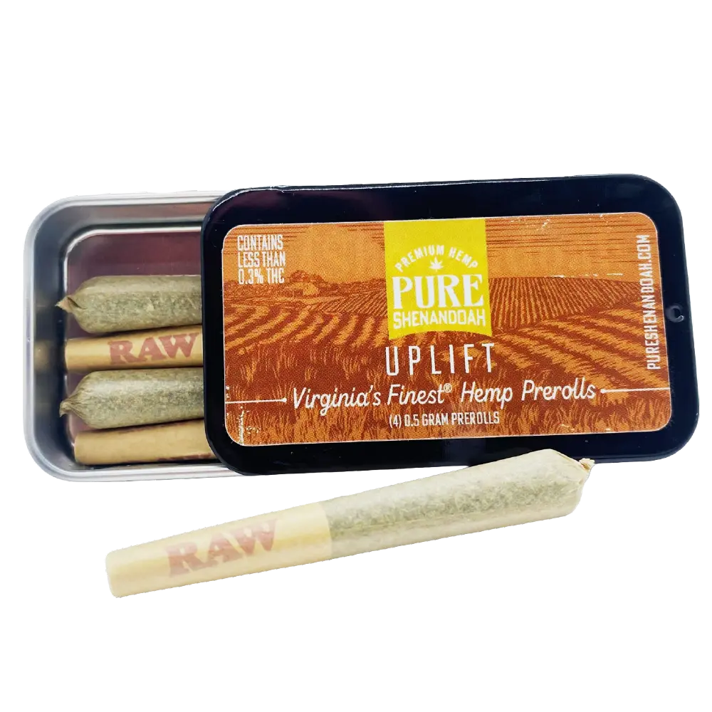 Pure Shenandoah Uplift Pre-Rolls tin, open with visible hemp joints and one pre-roll placed in front, orange and yellow packaging labeled "Virginia’s Finest Hemp Prerolls," four 0.5 g pre-rolls.